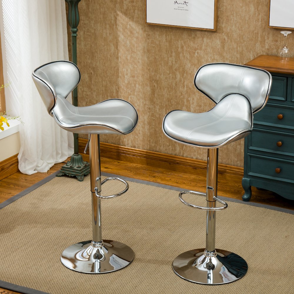 Masaccio Silver Leatherette Adjustable Swivel Barstool Chrome Base, Set of 2. Picture 7