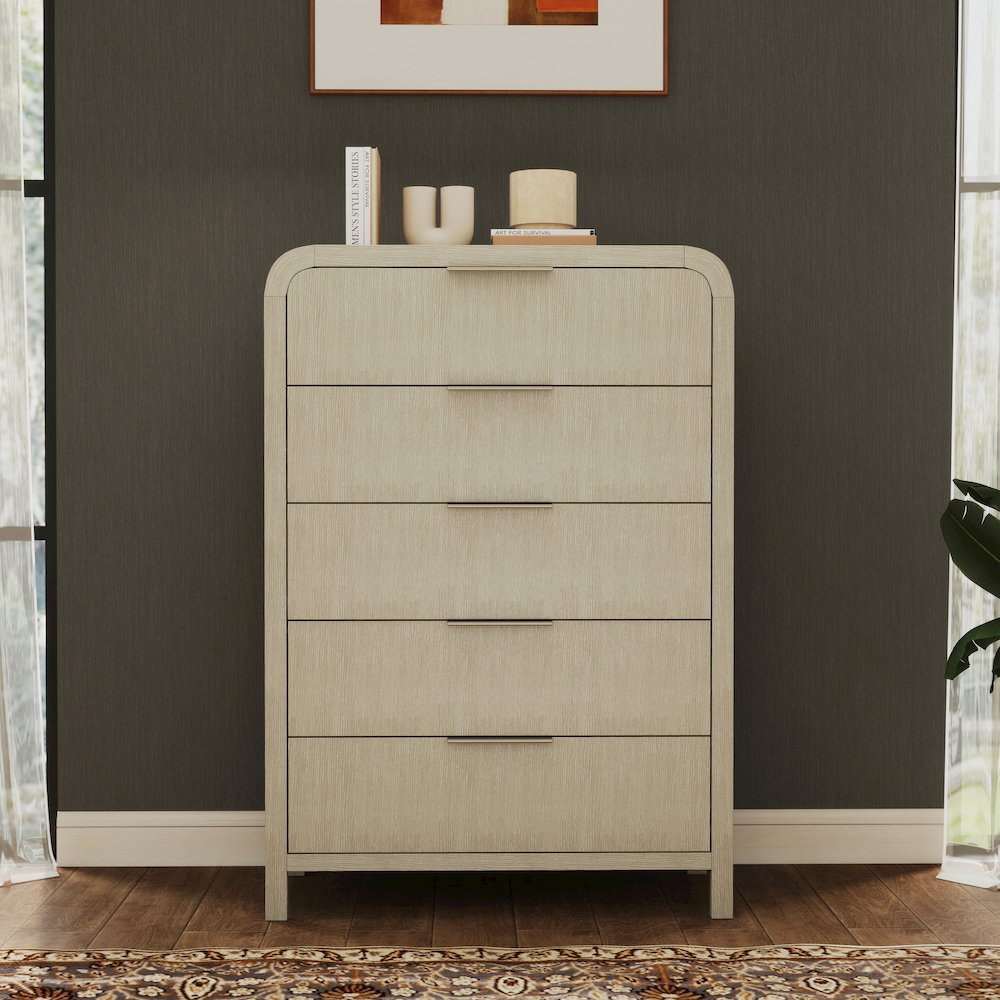 Tavari Contemporary 5-Drawer Wood Chest, Light Gray. Picture 2