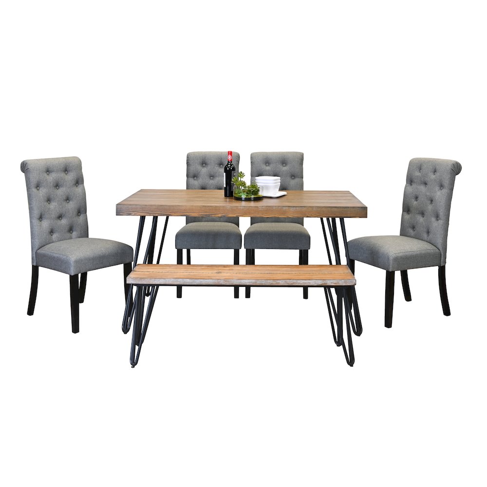Ashford 6-Pc Dining Set, Hairpin Dining Table with 4 Chairs and Bench, Gray. Picture 1