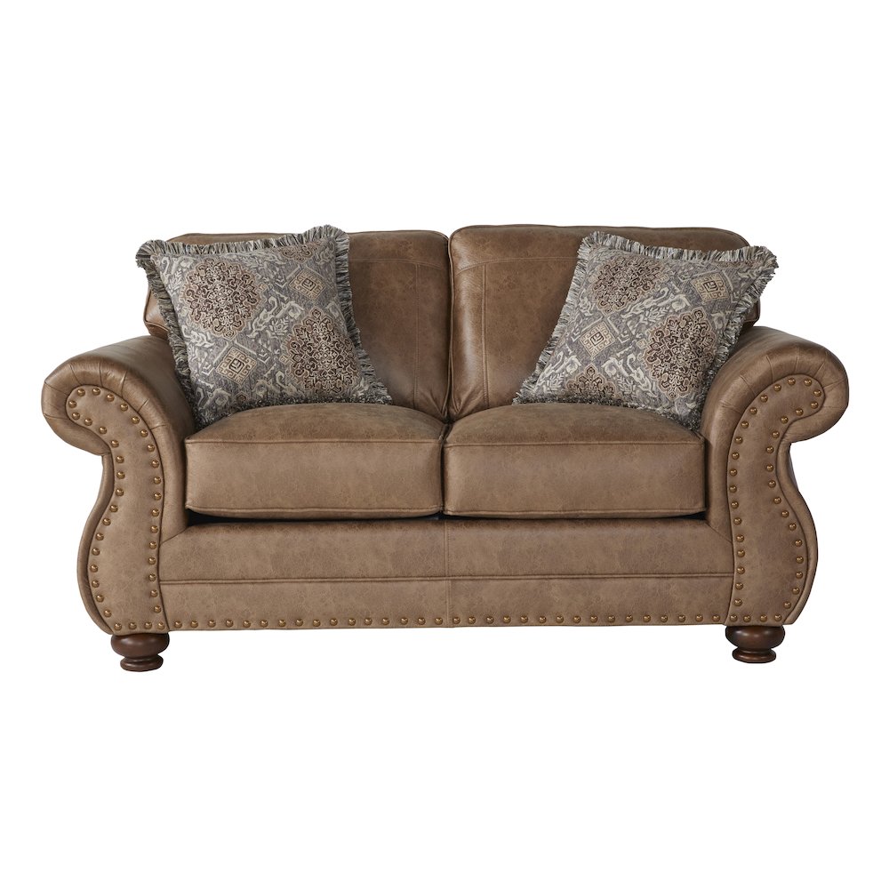 Leinster Faux Leather Sofa and Loveseat with Antique Bronze Nailheads. Picture 8