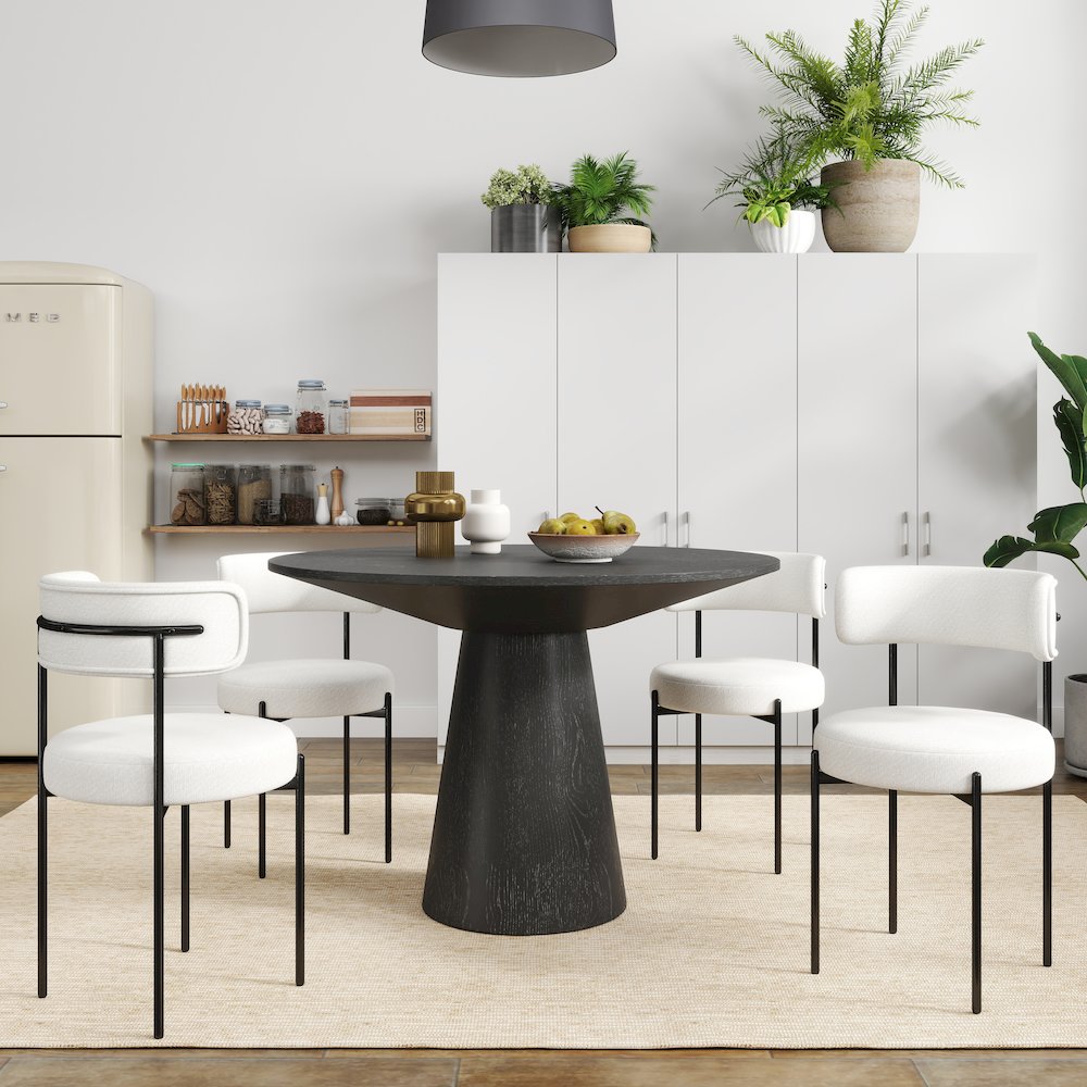 Corff 5-PC Round Dining Set, Pedestal Dining Table with 4 Boucle Chairs, White. Picture 2