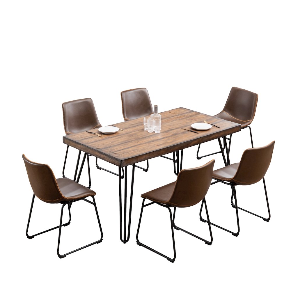 Aryven 7-Pc Dining Set with Rustic Dark Pine Table and 6 Chairs in Antique Brown. Picture 1
