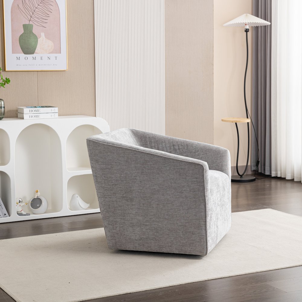 Nice Modern Upholstered Barrel Armchair, 360 Degree Swivel, Gray. Picture 4