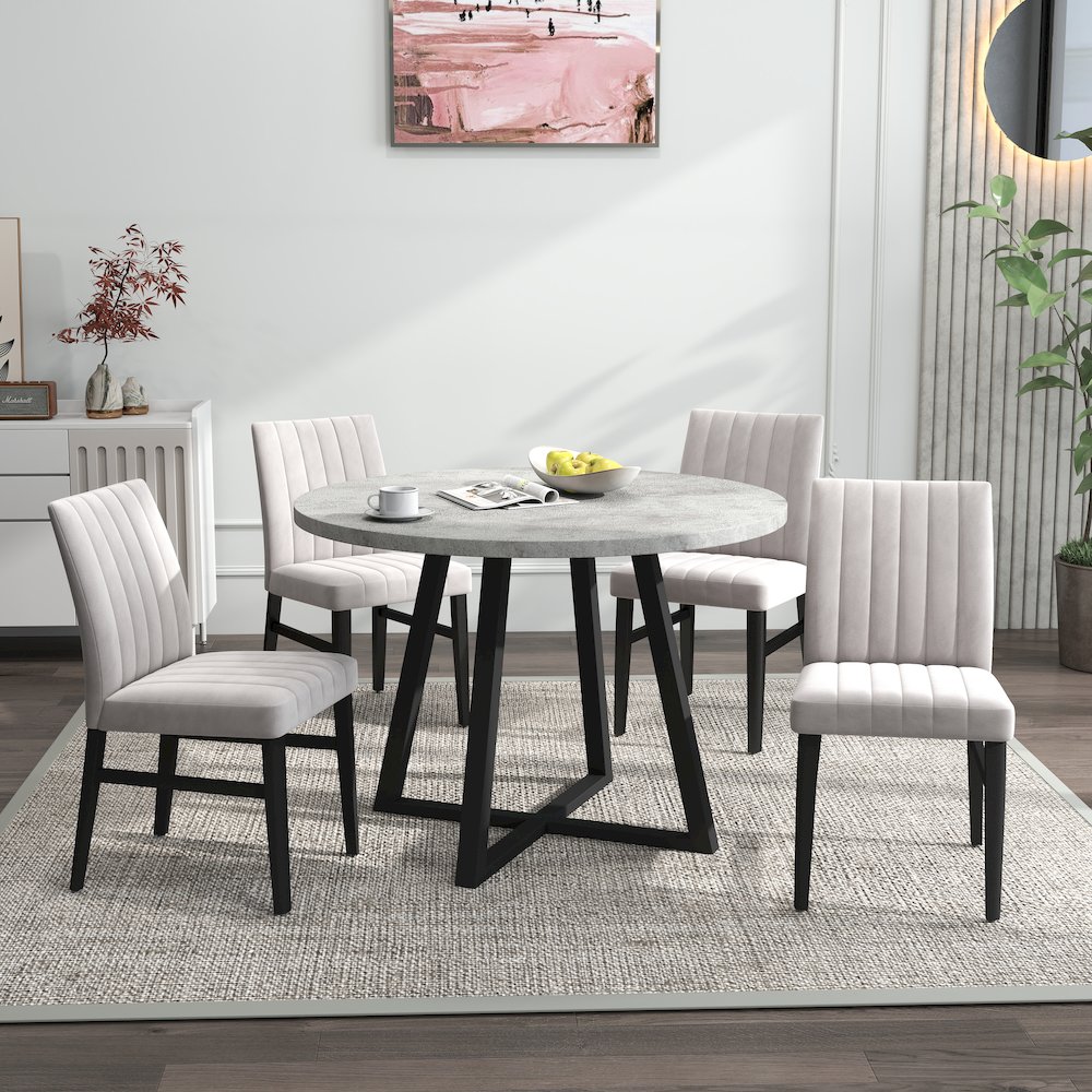 Edo 5-Piece Dining Set, Round Trestle Table and 4 Chairs, Gray and Tan. Picture 3