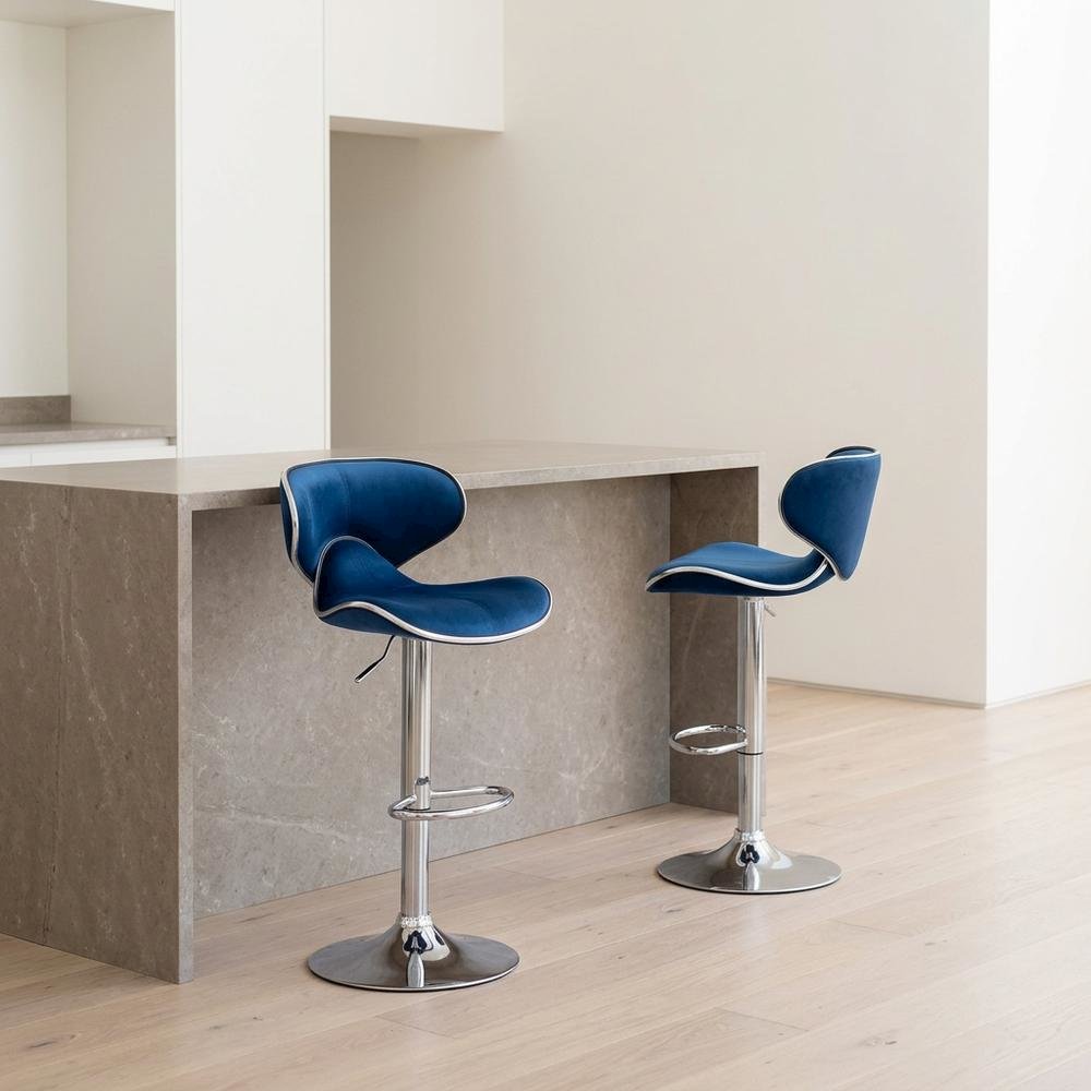 Blue Velvet Upholstered Adjustable Swivel Barstool, Set of 2 with Modern Design. Picture 5