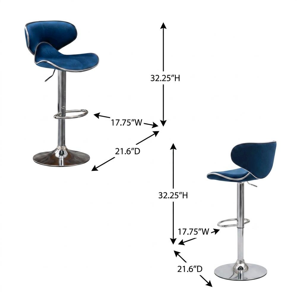 Blue Velvet Upholstered Adjustable Swivel Barstool, Set of 2 with Modern Design. Picture 6