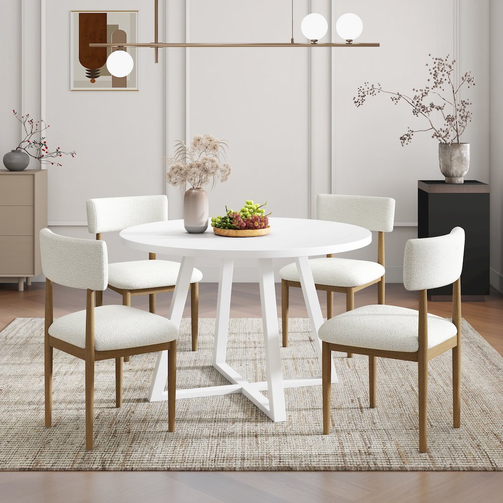 Edo 5-Piece Dining Set, Round Trestle Table and 4 Chairs, White and Natural. Picture 2