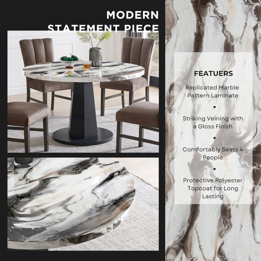 Cavira 5-PC Dining Set, Off-White Faux Marble Table with Four Brown Chairs. Picture 11