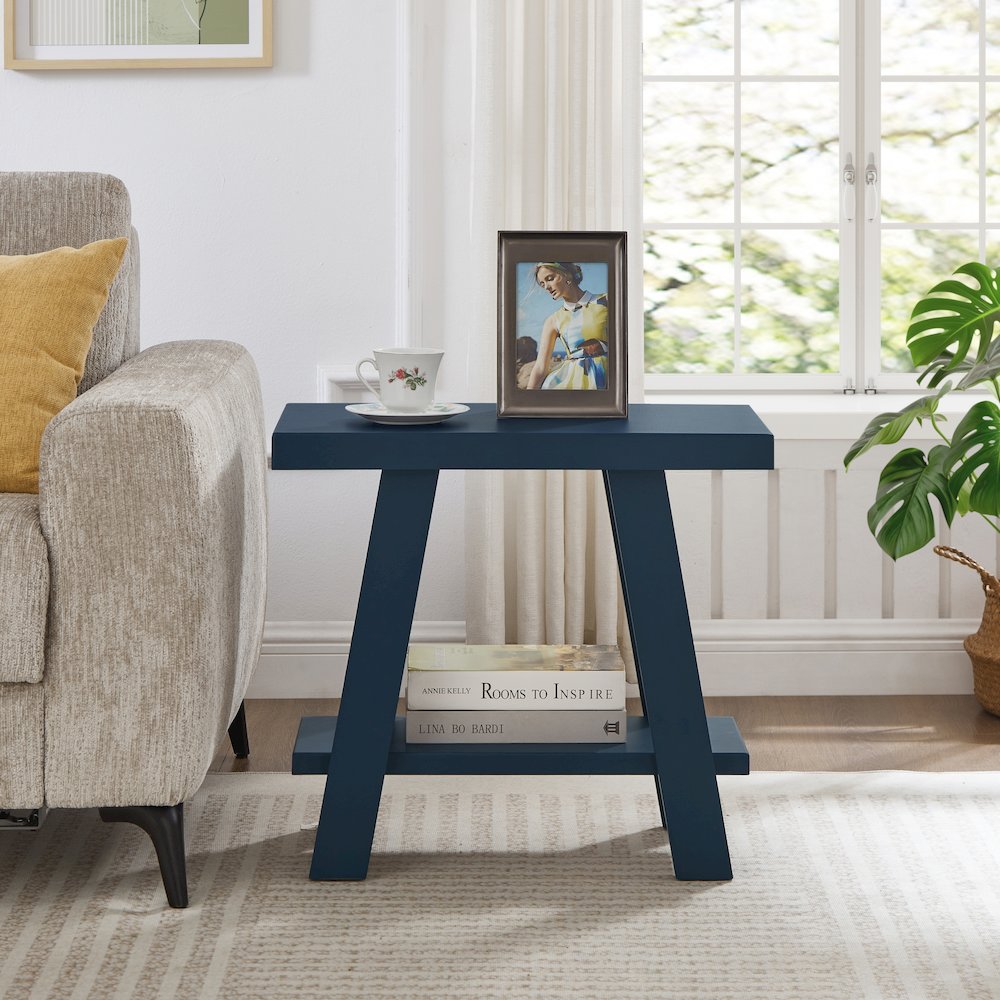 Athens Contemporary Wood Shelf Side Table in Navy Blue. Picture 3