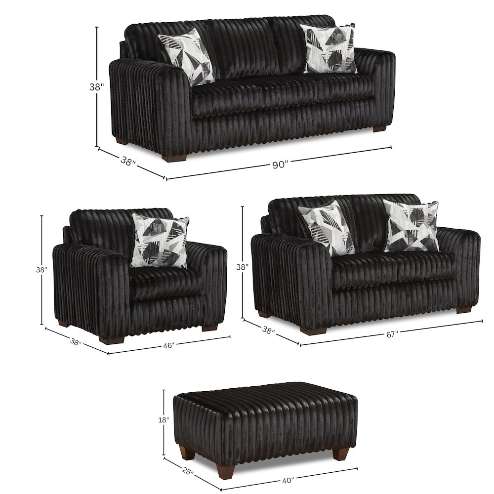 Nolan 4-Piece Living Room Set, Sofa Loveseat Chair and Ottoman, Lush Black. Picture 16