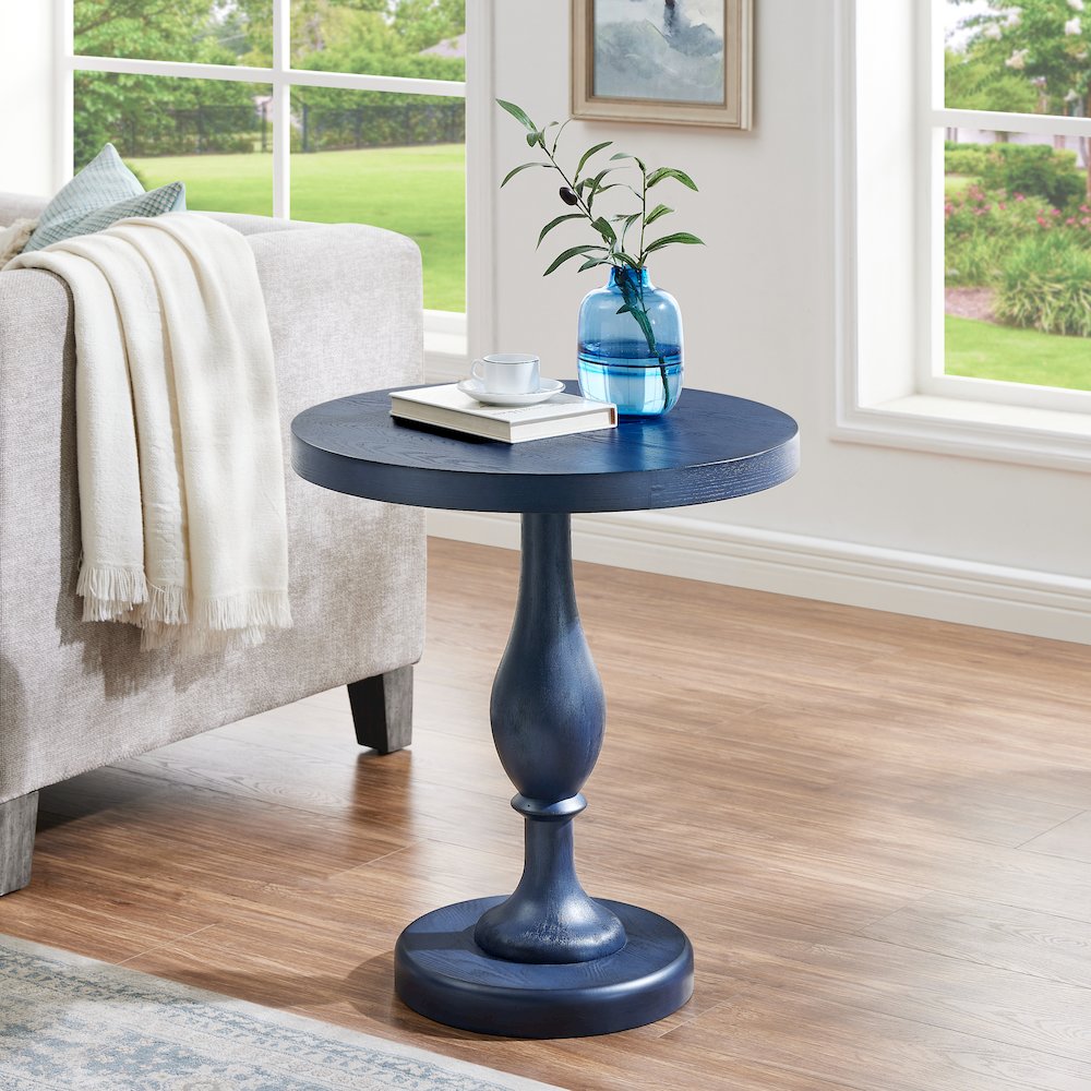 Solmere 22" Round Wood Pedestal End Table, Blue. Picture 2