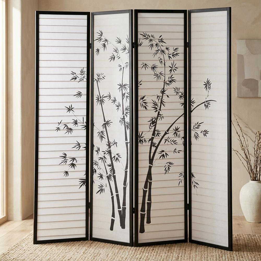 Black 4-Panel Wood Folding Room Divider, Bamboo Print Rice Paper, 71 Inch. Picture 2
