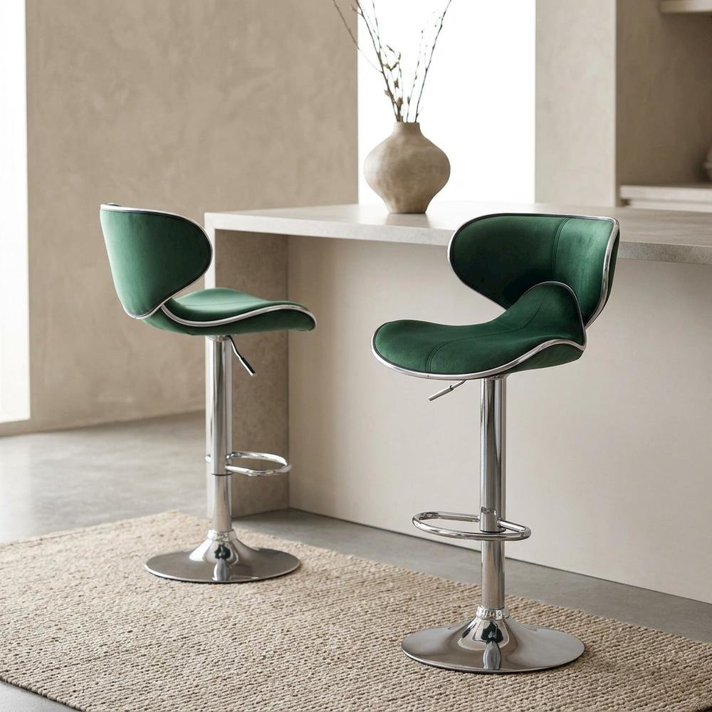 Green Velvet Swivel Barstool Set with Adjustable Height for Home or Bar. Picture 2