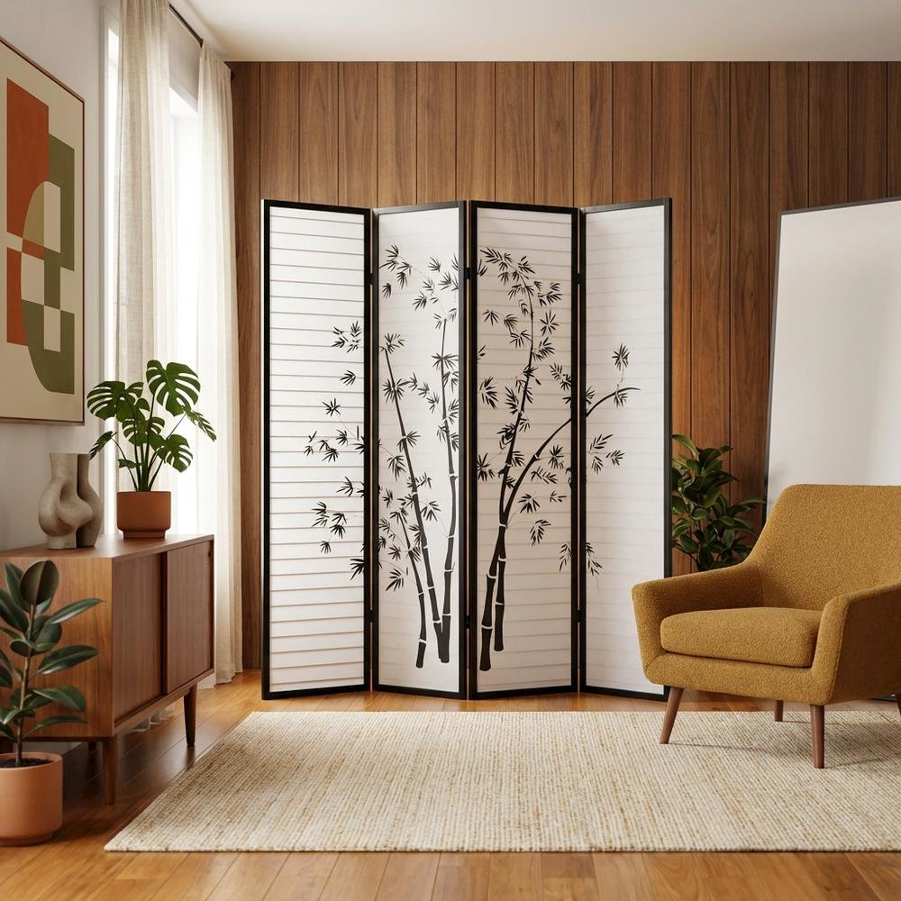 Black 4-Panel Wood Folding Room Divider, Bamboo Print Rice Paper, 71 Inch. Picture 3