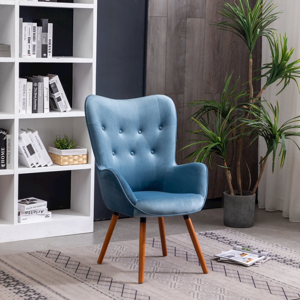 Doarnin Contemporary Silky Velvet Tufted Button Back Accent Chair, Blue. Picture 2