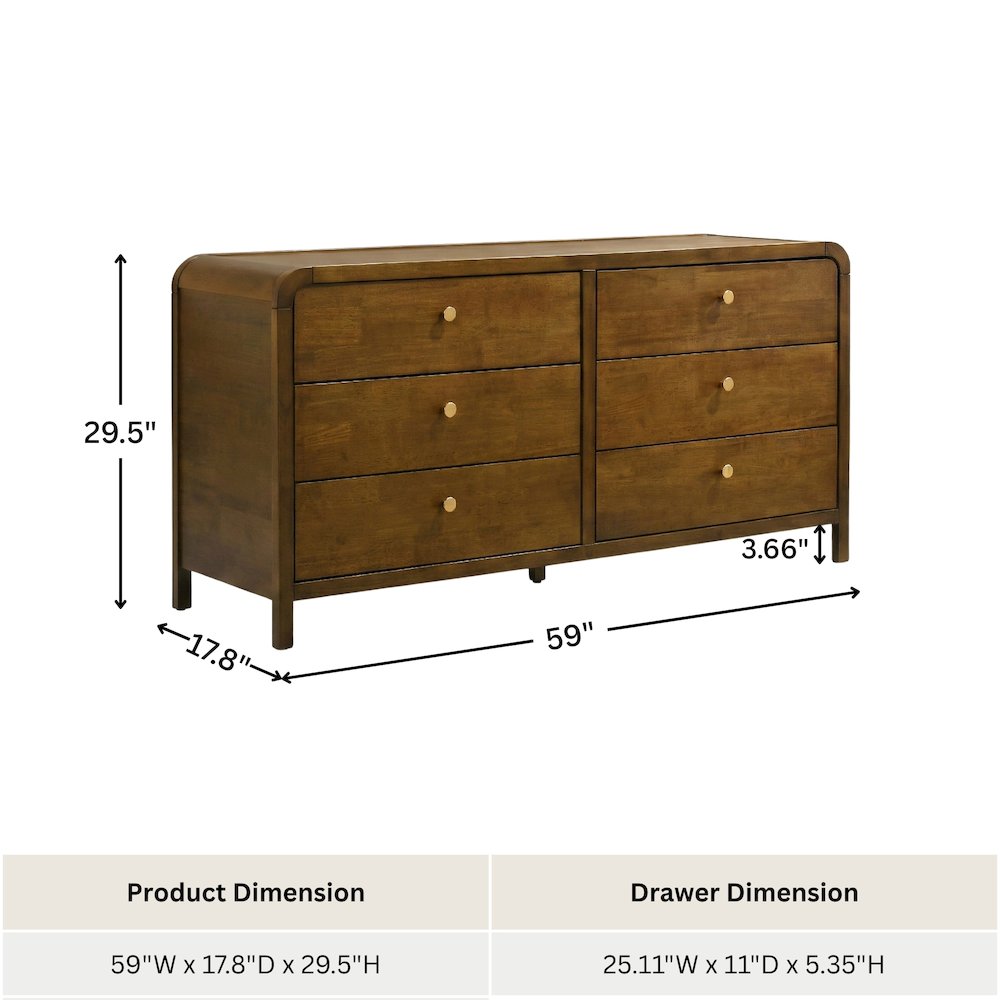 Eldren 6-Drawer Wood Dresser with Solid Rubberwood Frame, Walnut Finish. Picture 10