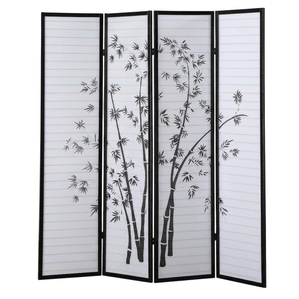 Black 4-Panel Wood Folding Room Divider, Bamboo Print Rice Paper, 71 Inch. Picture 4