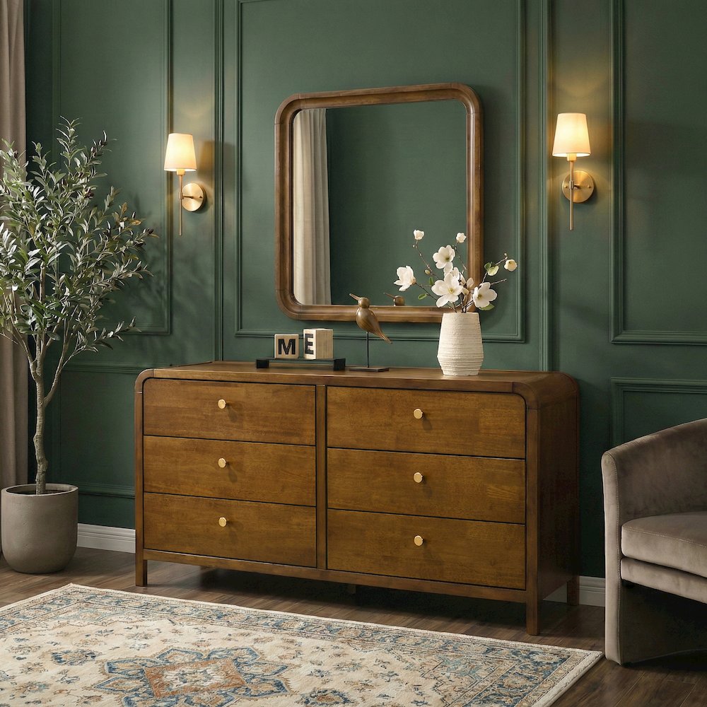 Eldren 6-Drawer Wood Dresser with Mirror, Walnut Finish. Picture 4