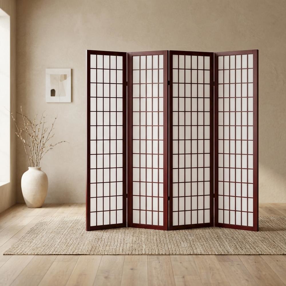 Cherry 4-Panel Wood Folding Room Divider, Rice Paper, 71 Inch. Picture 2