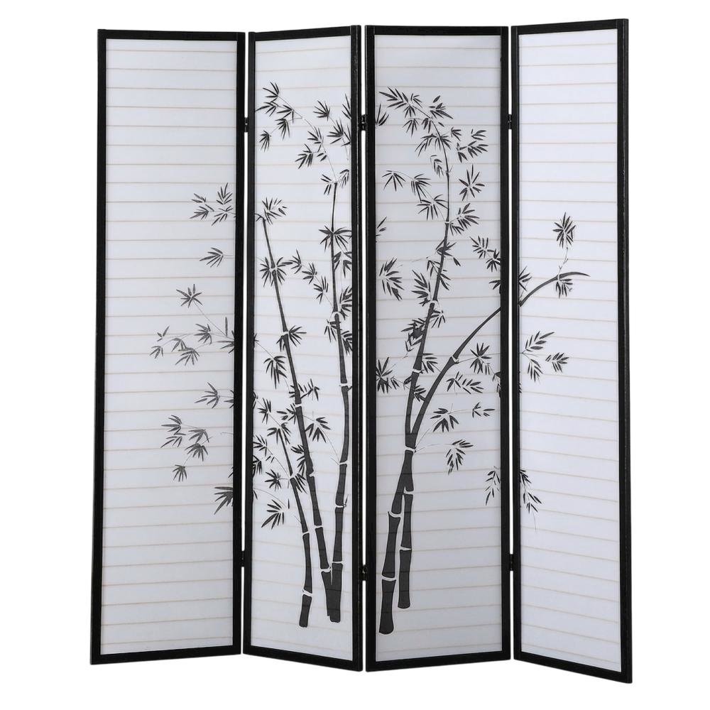 Black 4-Panel Wood Folding Room Divider, Bamboo Print Rice Paper, 71 Inch. Picture 1