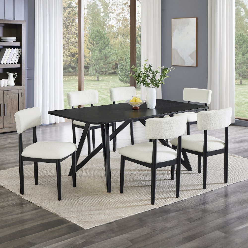 Axler 7-Piece Dining Set, Tripod-Cross Dining Table with 6 Boucle Chairs, Black. Picture 11