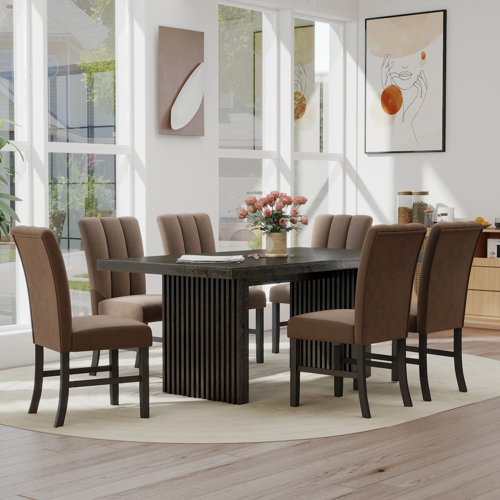 Madison 7-Piece Dining Set, Slat-Fluted Dining Table with 6 Chairs, Chocolate. Picture 3