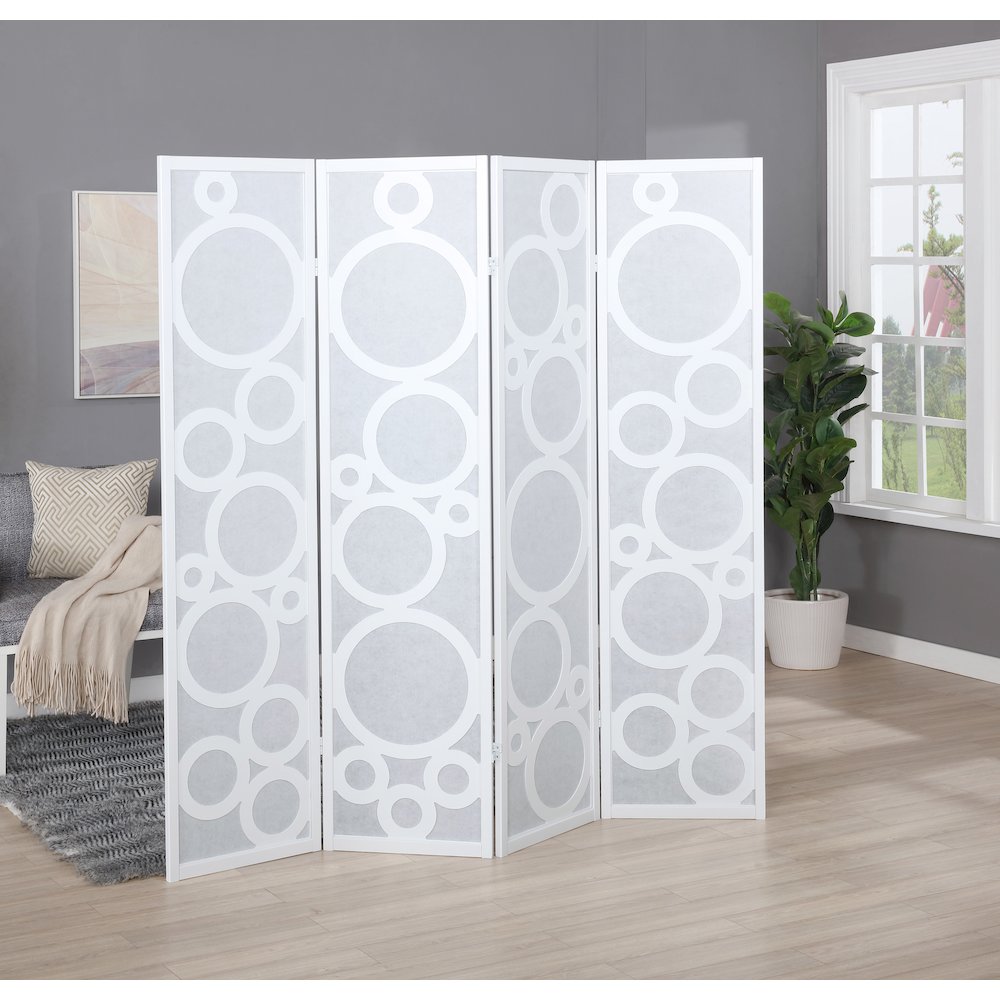 Arvada 4-Panel Wood Room Divider with Circle Pattern, White. Picture 2