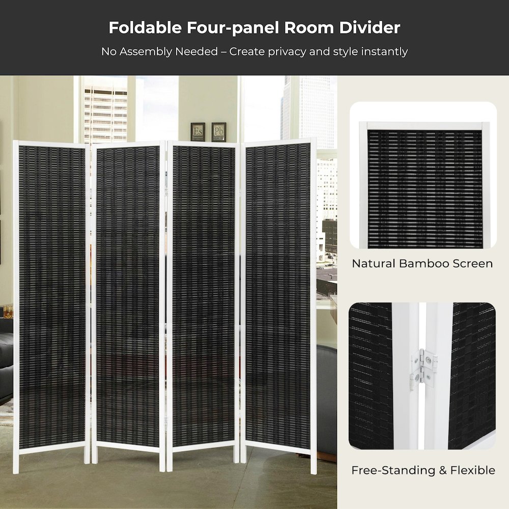 Inkwell 4-Panel Bamboo Room Divider, Folding Screen, Black with White Frame. Picture 5
