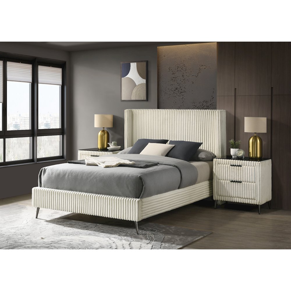 Mavela Wide Wale Corduroy Panel Queen Bed with 2 Nightstands and Bench, Cream. Picture 4
