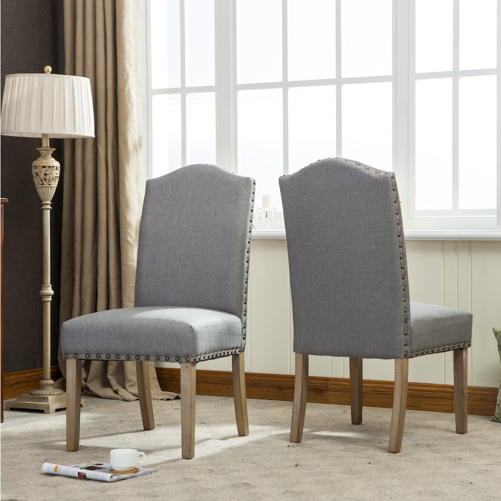 Mod Urban Style Solid Wood Nailhead Gray Fabric Padded Parson Chair, Set of 2. Picture 4