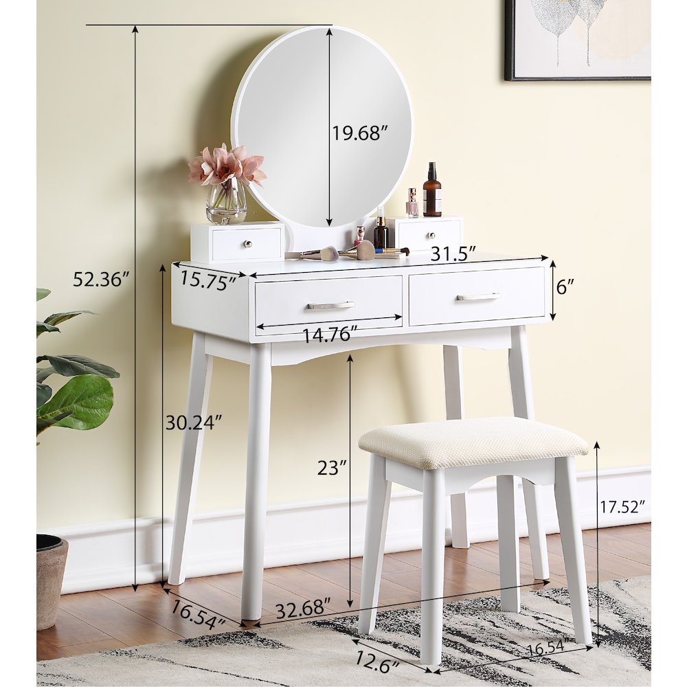Liannon Contemporary Wood Vanity and Stool Set, White. Picture 6