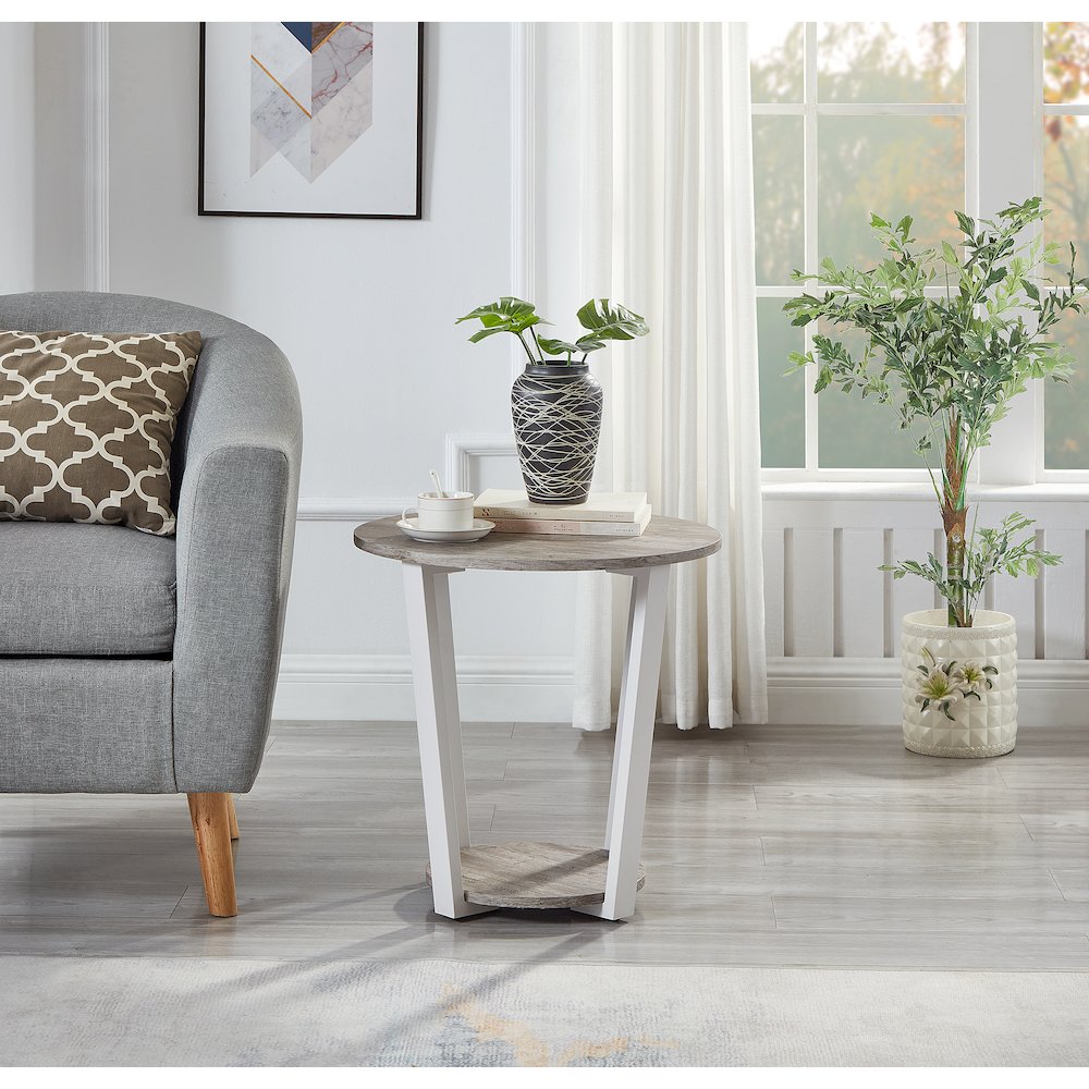 Elysian Contemporary Round End Table with Shelf, Gray. Picture 5