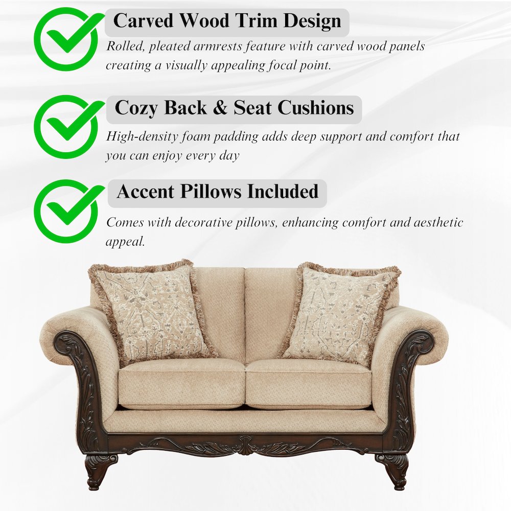 Hernen 2-Piece Living Room Set, Carved Wood Frame Sofa and Loveseat, Emma Wheat. Picture 5