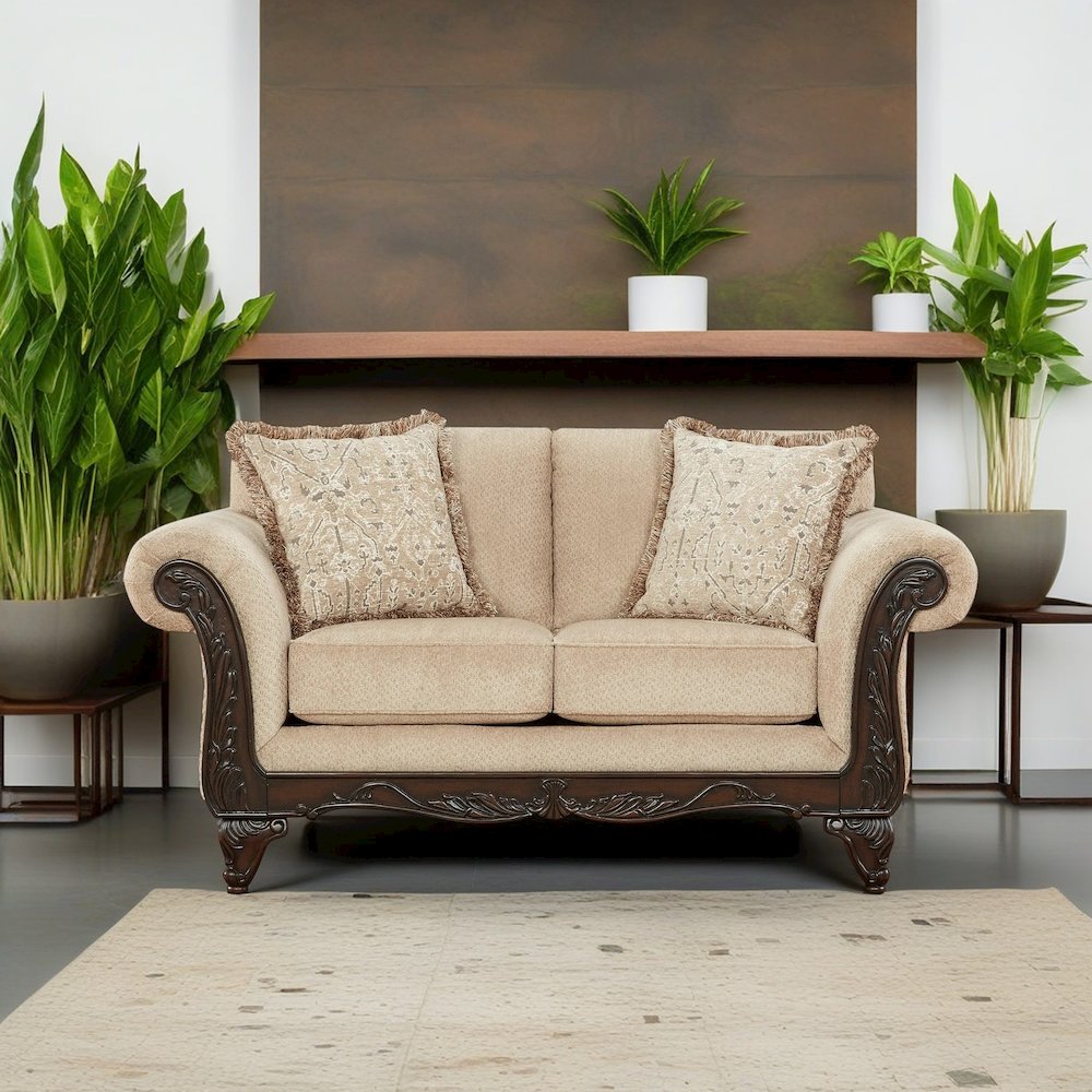 Hernen Carved Wood Frame Loveseat, Emma Wheat. Picture 2