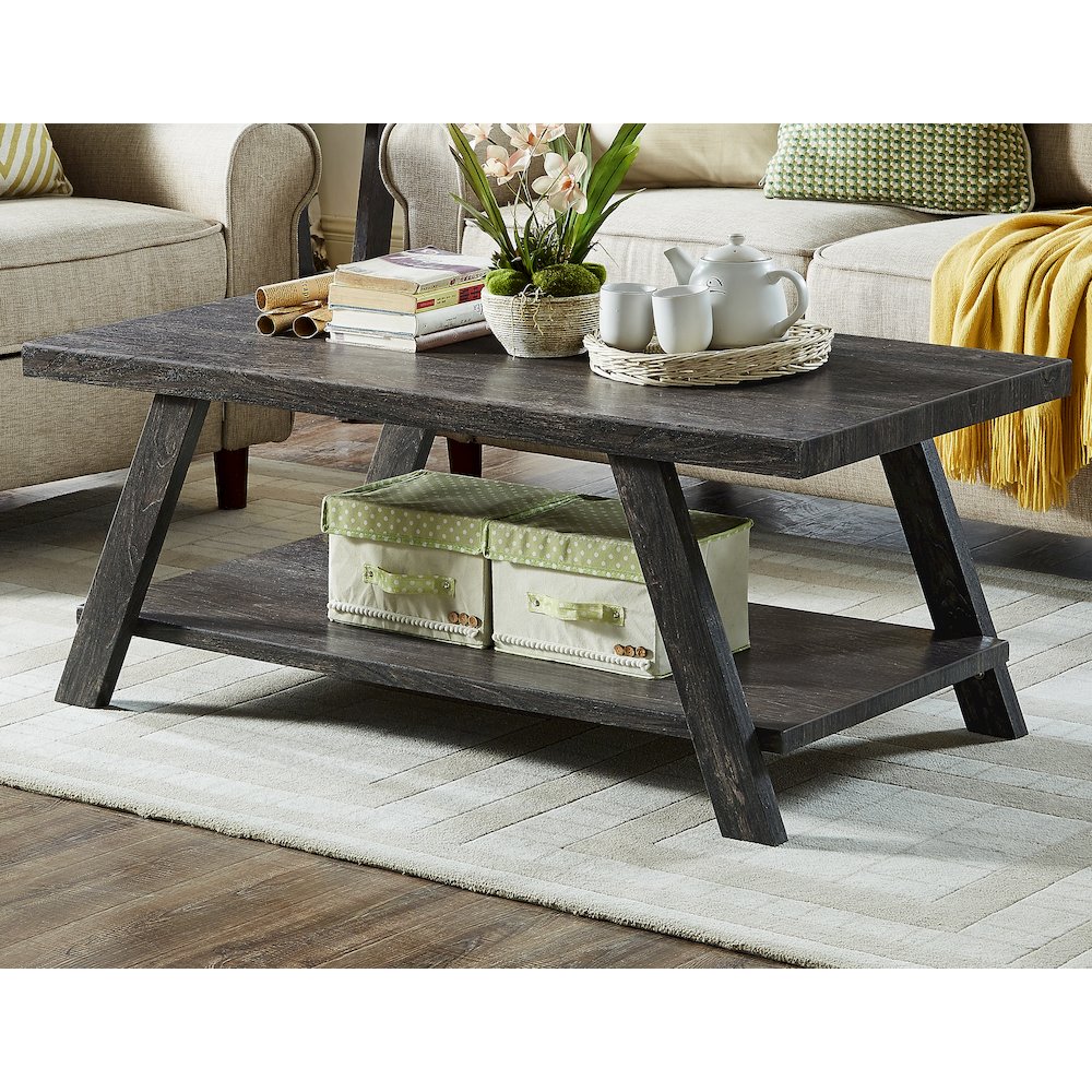 Athens Contemporary Replicated Wood Shelf Coffee Table in Charcoal Finish. Picture 2