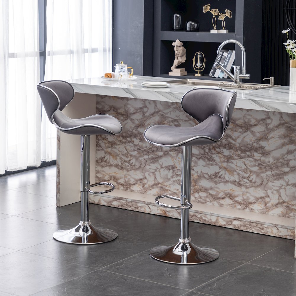 Masaccio Velvet Upholstered Adjustable Swivel Barstool, Set of 2, Gray. Picture 5
