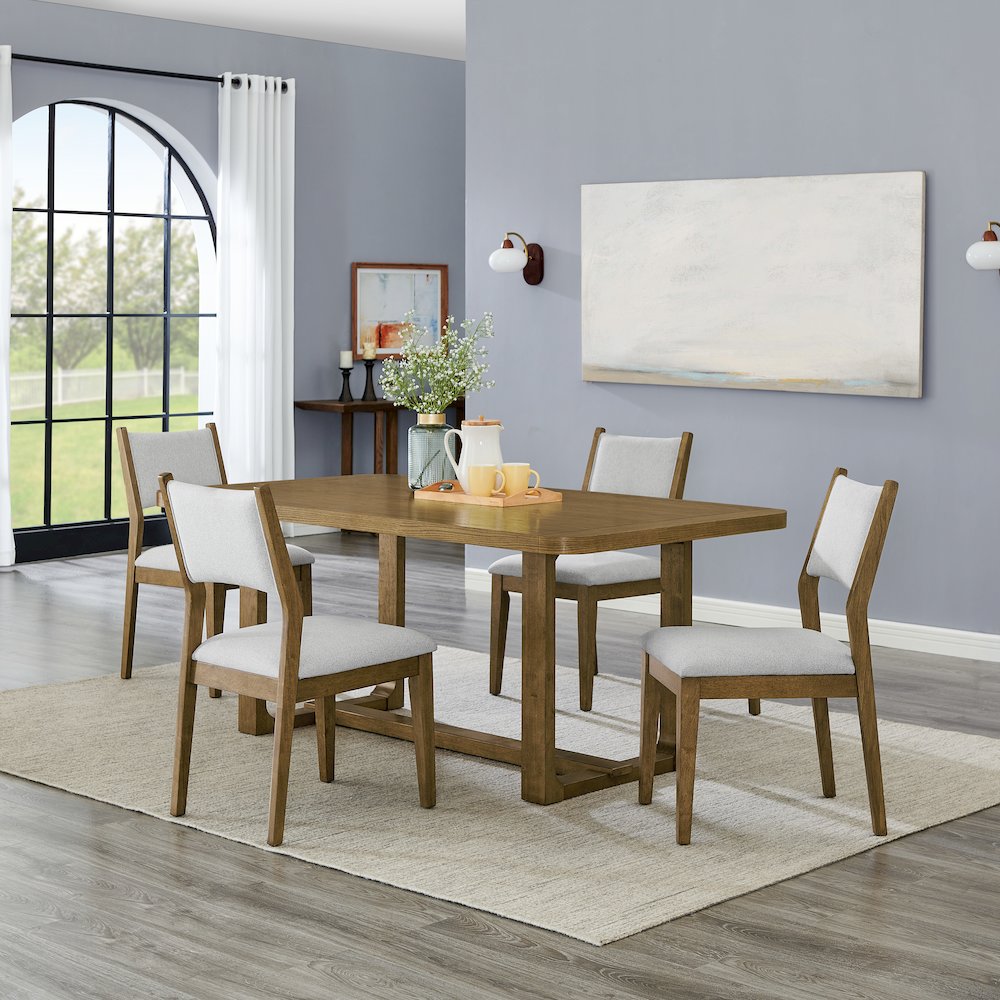 Parker 5-Piece Dining Set, Trestle Dining Table with 4 Stylish Chairs, Light Oak. Picture 2
