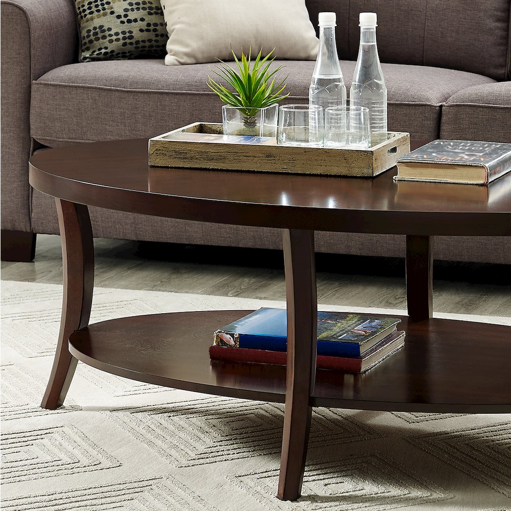 Perth Espresso Oval Coffee Table with Shelf. Picture 3