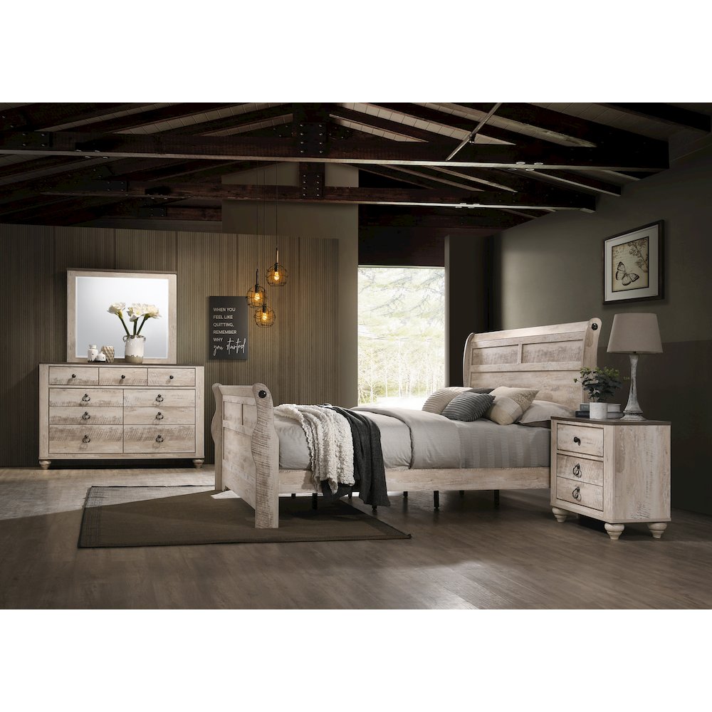 White Wash Finish Bedroom Set with Queen Bed, Dresser, Mirror, Two Nightstands. Picture 3