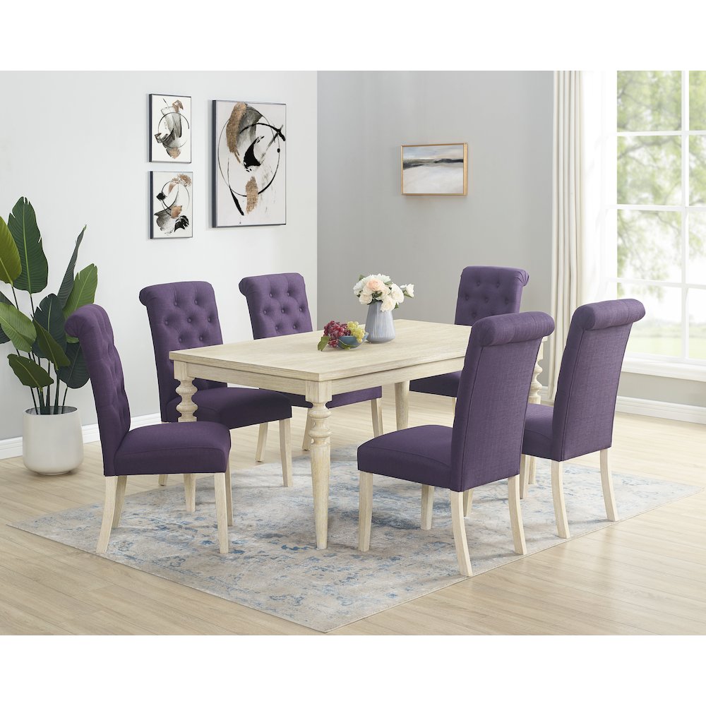 Amonia 7-Pc Dining Set, Turned-Leg Dining Table with 6 Tufted Chairs, Purple. Picture 1