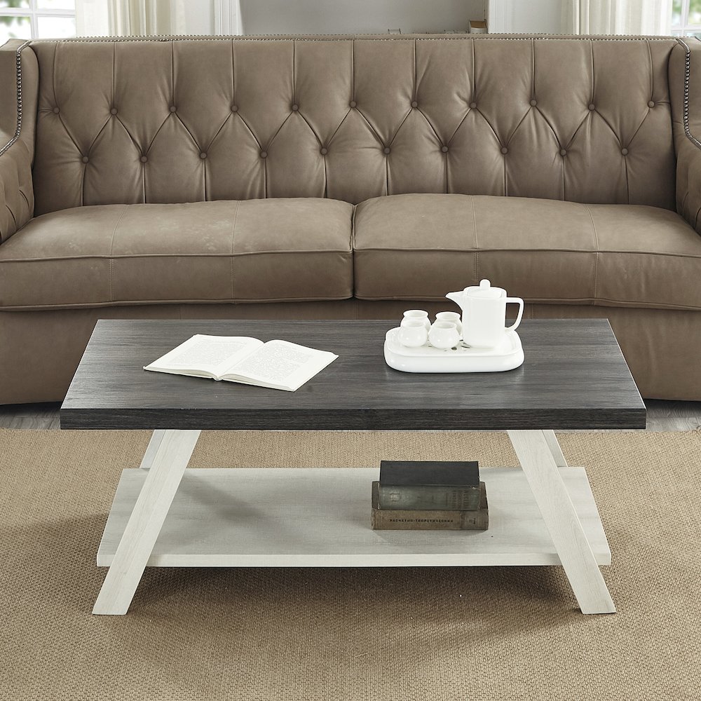 Athens Contemporary Two-Tone Wood Shelf Coffee Table in Weathered Charcoal/Beige. Picture 2