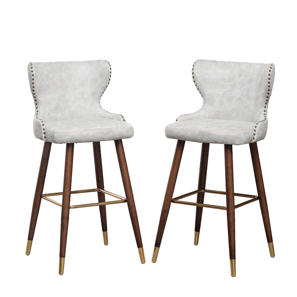 Nevis Modern Faux Leather Tufted Nailhead Trim Barstool Set of 2, Off-White. Picture 1