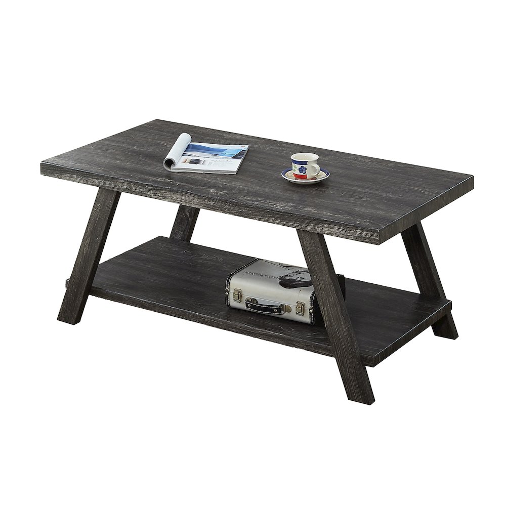 Athens Contemporary Replicated Wood Shelf Coffee Table in Charcoal Finish. Picture 1