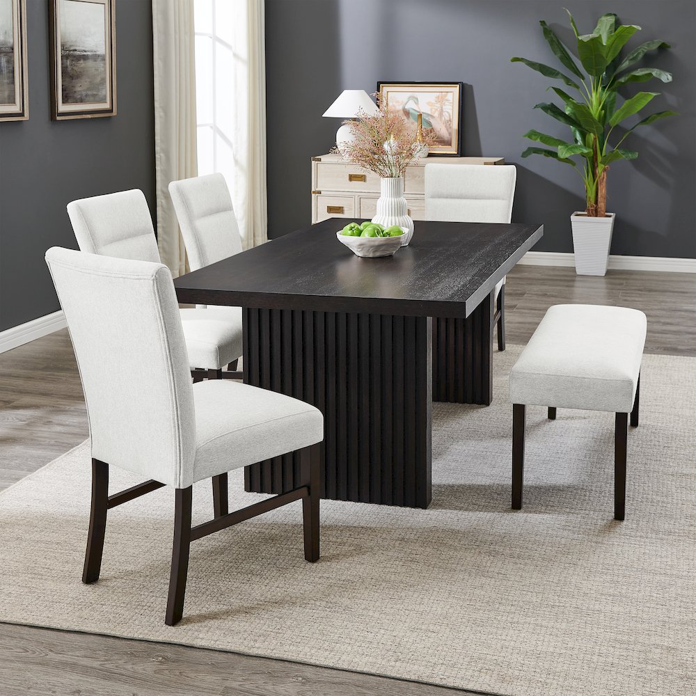 Madison 6-PC Dining Set, Slat-Fluted Dining Table with 4 Chairs and Bench, Gray. Picture 4