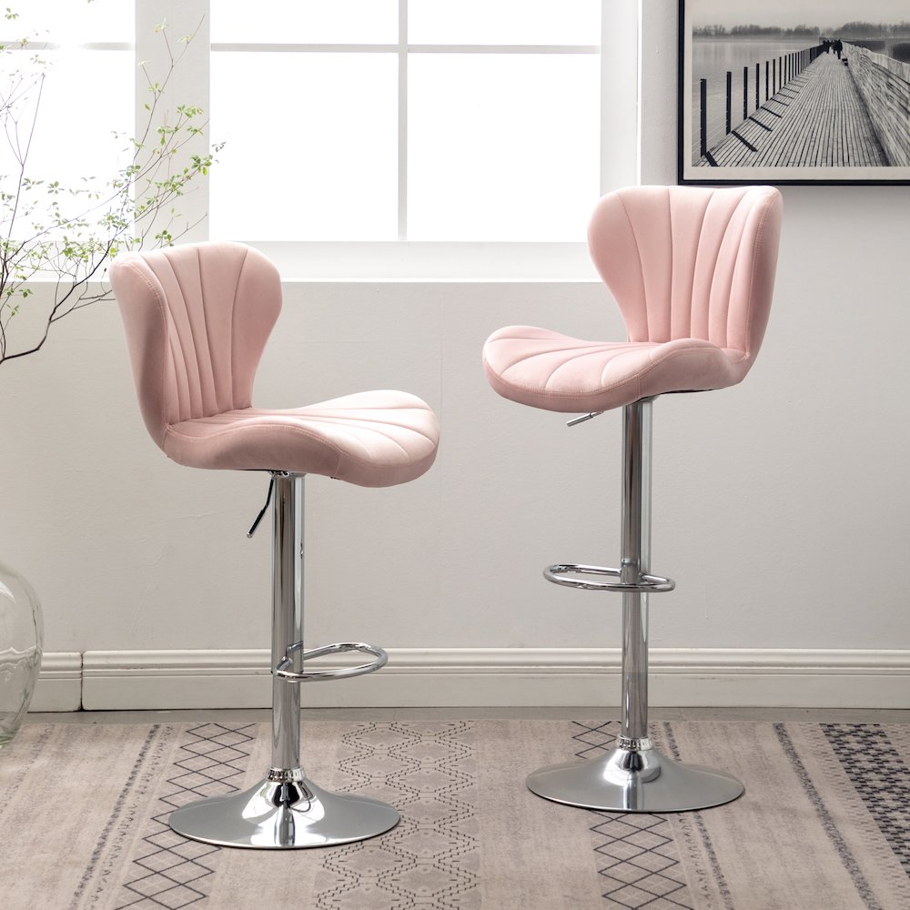 Ellston Upholstered Adjustable Swivel Barstools in Pink, Set of 2. Picture 2