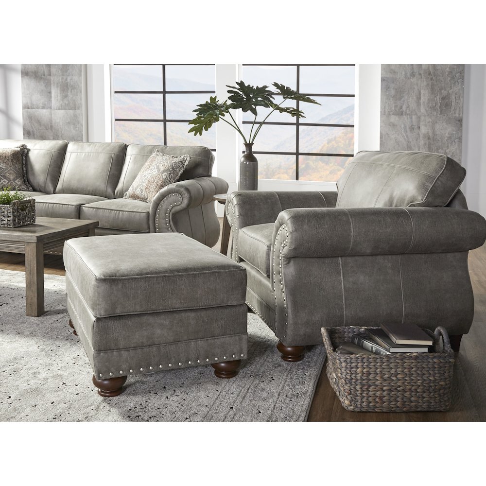 Leinster Faux Leather Upholstered Nailhead Chair and Ottoman in Stone Gray. Picture 2