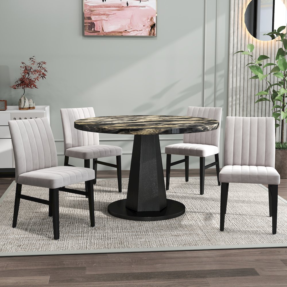 5-Piece Dining Set, Black and Gold Faux Marble Dining Table Four Chairs, Tan. Picture 3