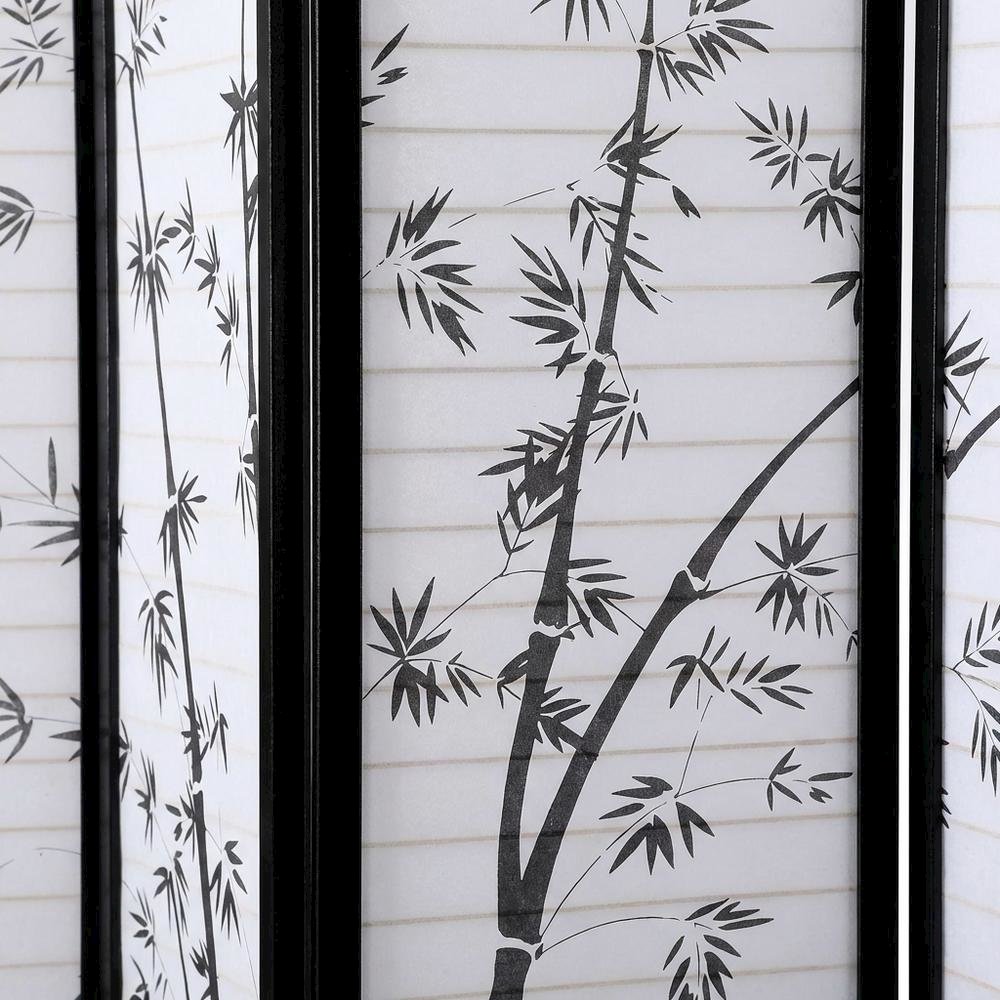 Black 4-Panel Wood Folding Room Divider, Bamboo Print Rice Paper, 71 Inch. Picture 6