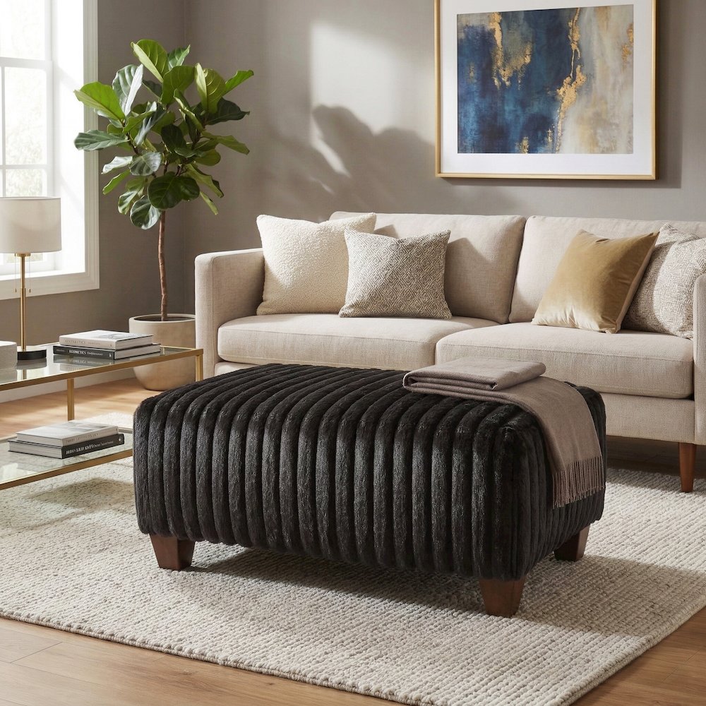 Nolan Contemporary Upholstered Cocktail Ottoman, Lush Black. Picture 2