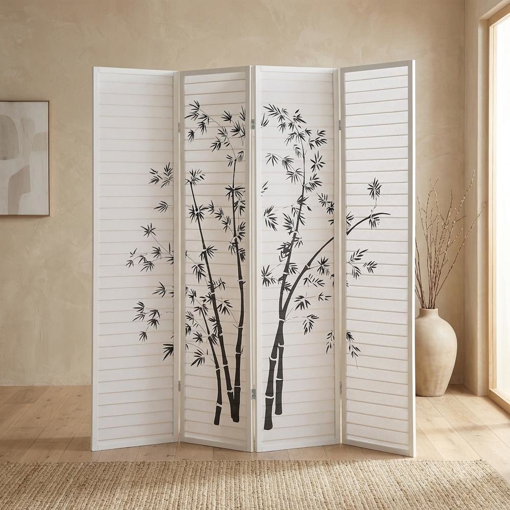 White 4-Panel Wood Folding Room Divider, Bamboo Print Rice Paper, 71 Inch. Picture 2